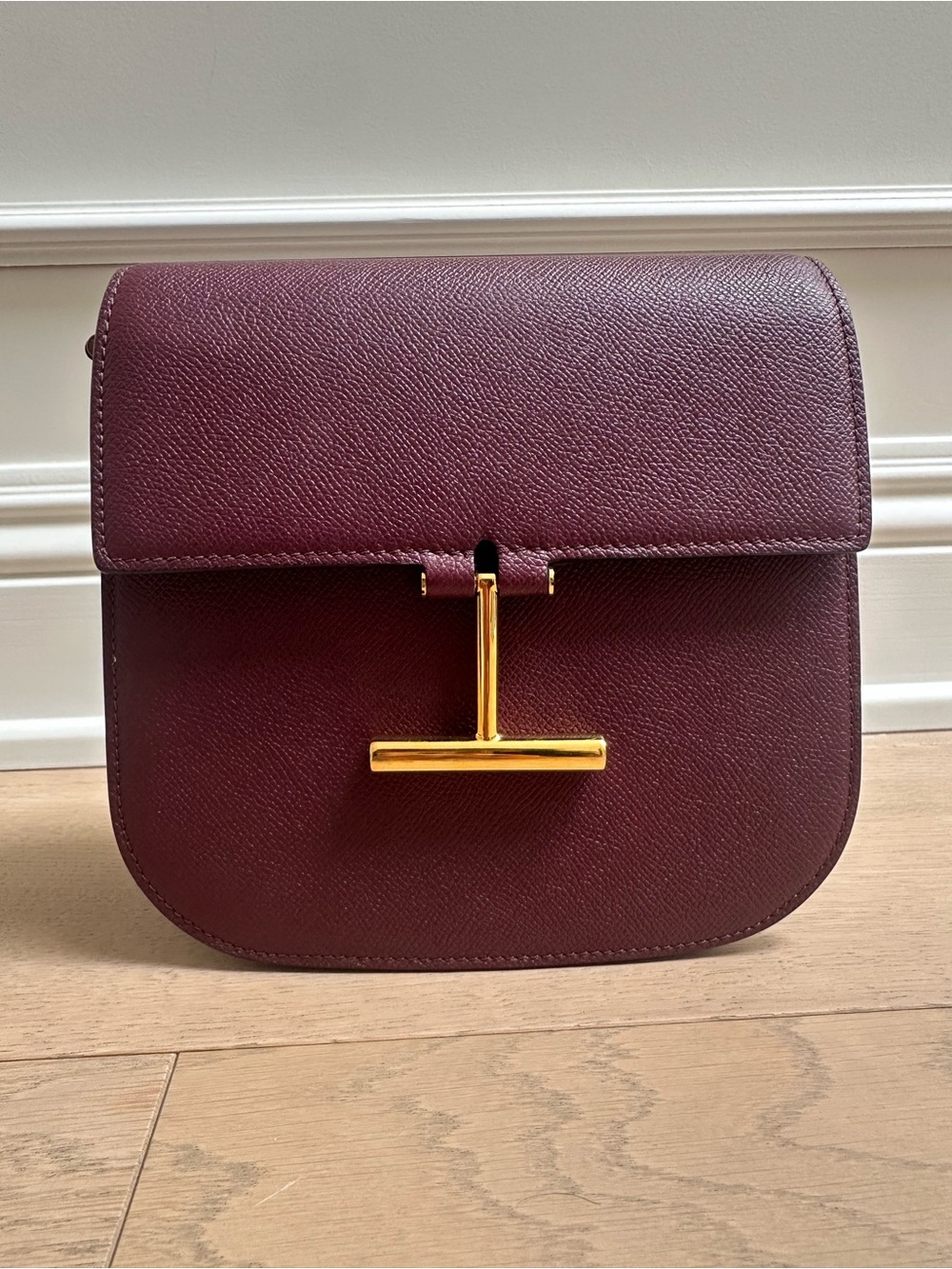 Tom Ford Burgundy Crossbody with Gold T-Bar Hardware